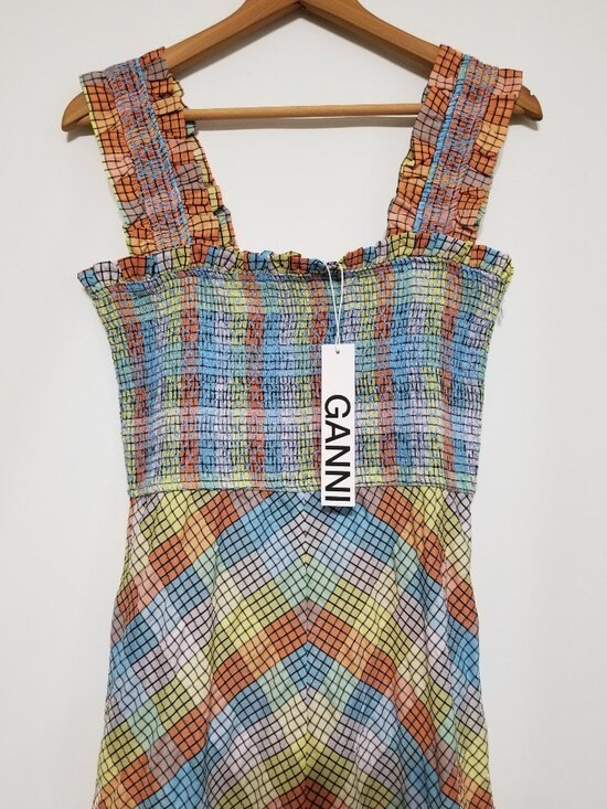 🌈NWT GANNI Multi-Color Seersucker Check Smocked Long Dress Size EU 38, 40 $285 - Picture 6 of 16